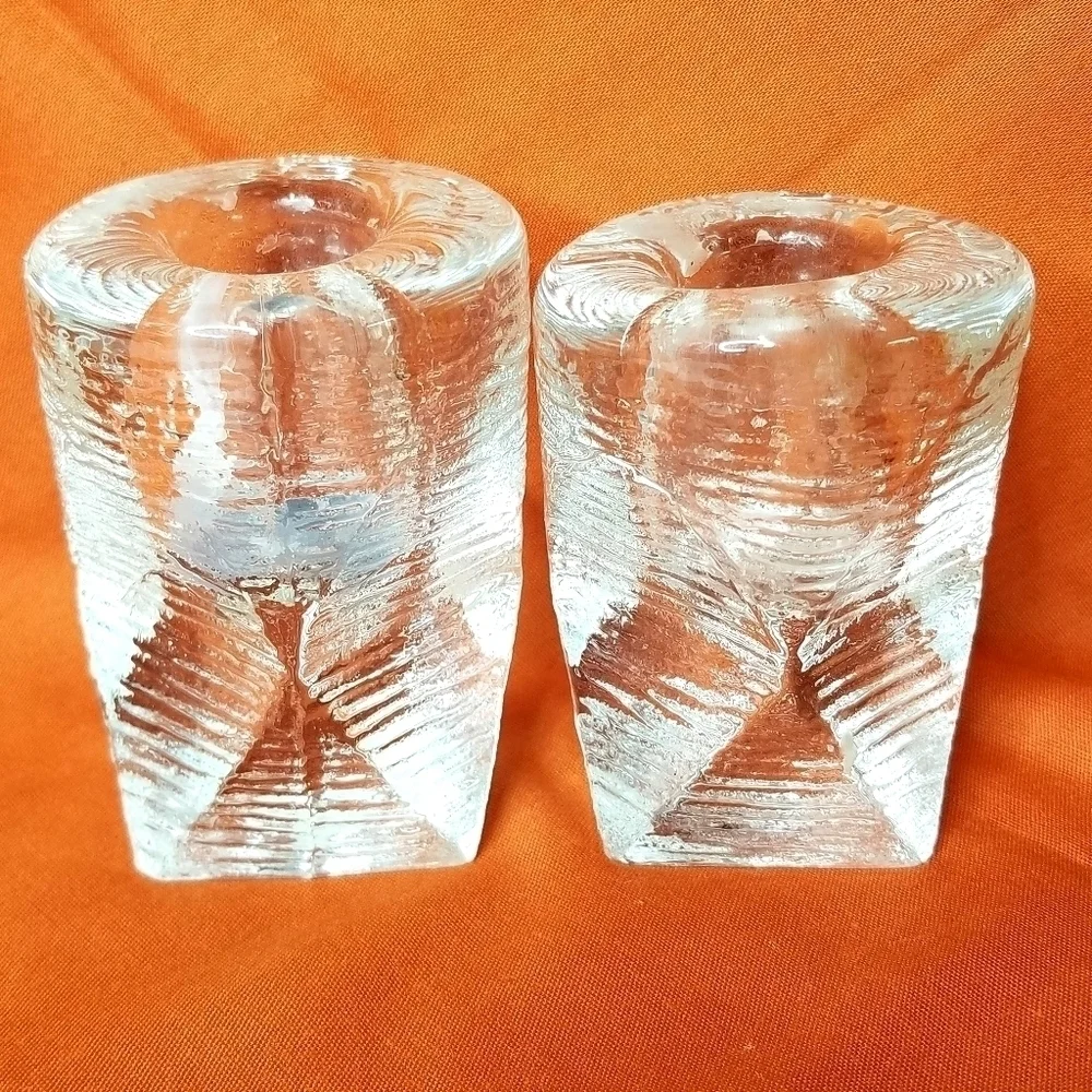 2 Vintage Rare Structural 3D Textured Glass Candlestick Holders MCM style